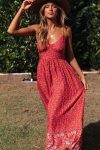 Bohemian-V-Neck-Floral-Maxi-Dress-Red