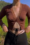 Brown-V-Neck-Button-Front-Lace-Crop-Top-4