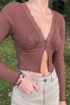 Brown-V-Neck-Button-Front-Lace-Crop-Top-4