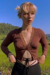 Brown-V-Neck-Button-Front-Lace-Crop-Top-4