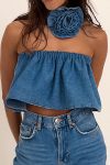 Denim-Strapless-Crop-Top-With-Floral-Choker-1