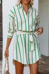 Green-Striped-Print-Lace-up-Shirt-Dress-3