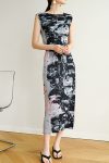 SleevelessSideSlitFullPleatedPrintDress1