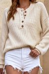 Solid-Color-Button-Up-Casual-Sweater-Beige