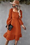 Square-Neck-Solid-Color-Ruffled-Midi-Dress-2