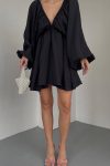 V-Neck-Puff-Sleeve-Ruched-Dress-2