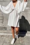 V-Neck-Puff-Sleeve-Ruched-Dress-2