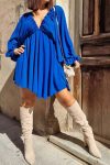 V-Neck-Puff-Sleeve-Ruched-Dress-2