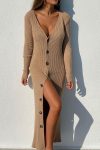 V-Neck-Single-breasted-Solid-Color-Knitted-Dress-1