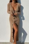 V-Neck-Single-breasted-Solid-Color-Knitted-Dress-1